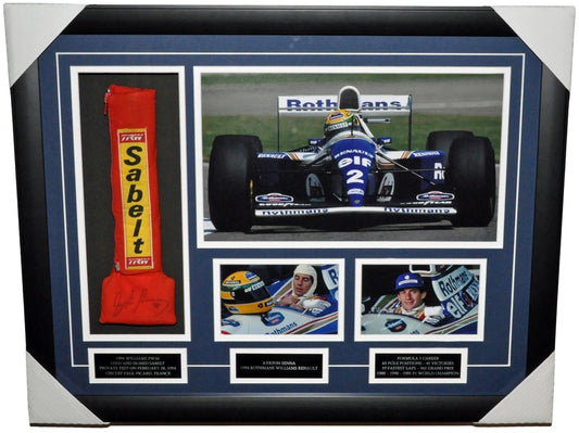 Ayrton Senna Used and Signed 1994 Sabelt Williams Renault Photos Montage Frame