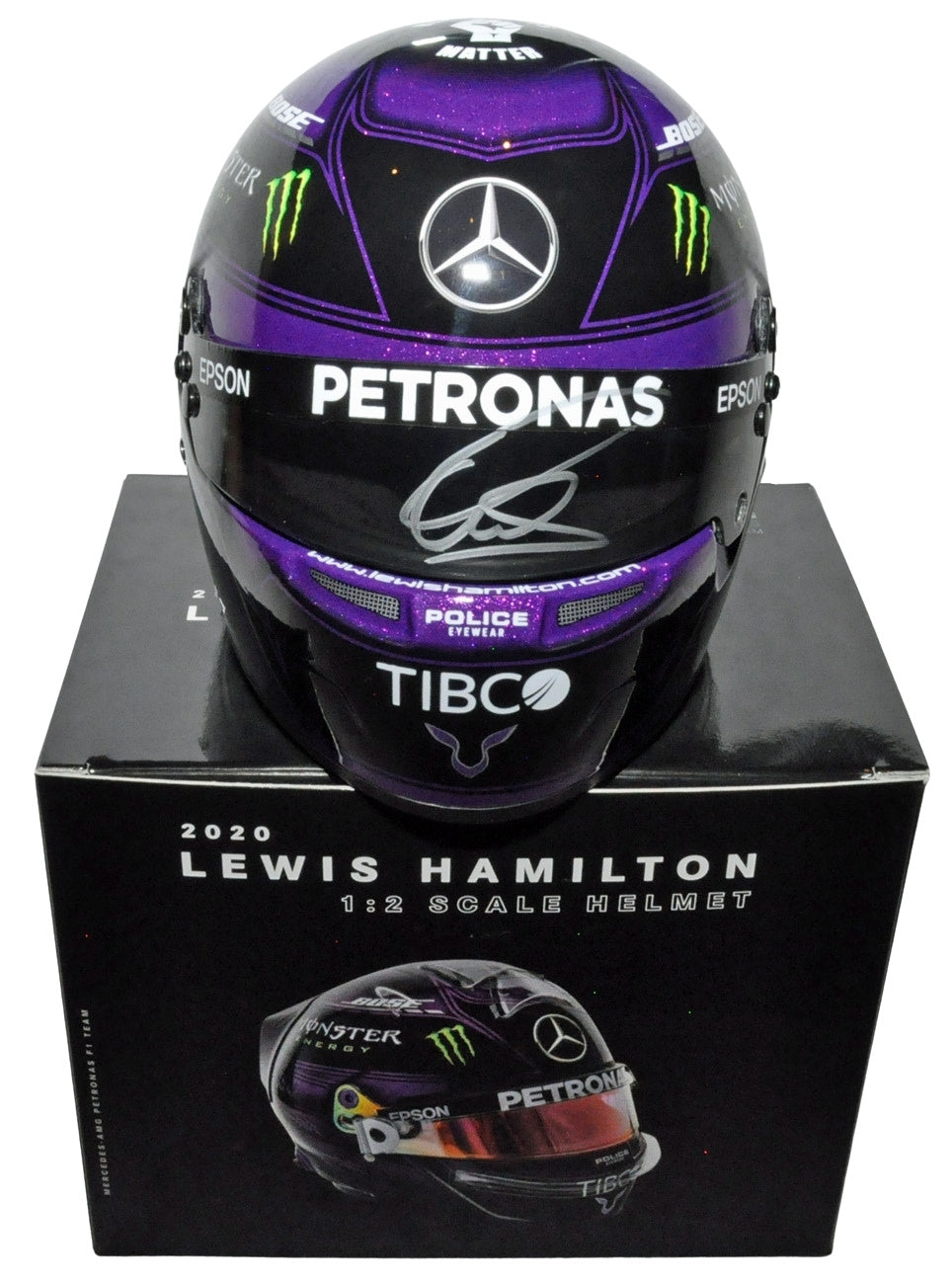 LEWIS HAMILTON Signed HALF SCALE F1 2020 Mercedes Purple REPLICA HELMET