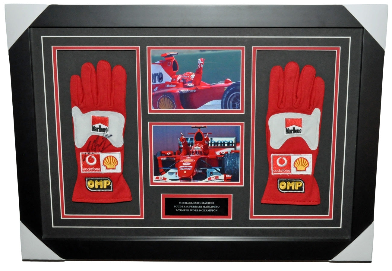 Michael Schumacher Signed 28X20 Inches Ferrari Replica Gloves Pair Photos Montage Frame - SOLD