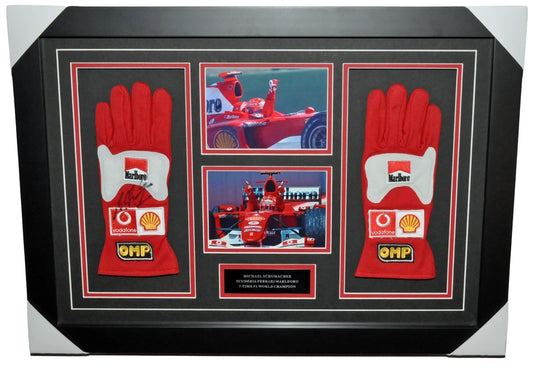 Michael Schumacher Signed 28X20 Inches Ferrari Replica Gloves Pair Photos Montage Frame - SOLD