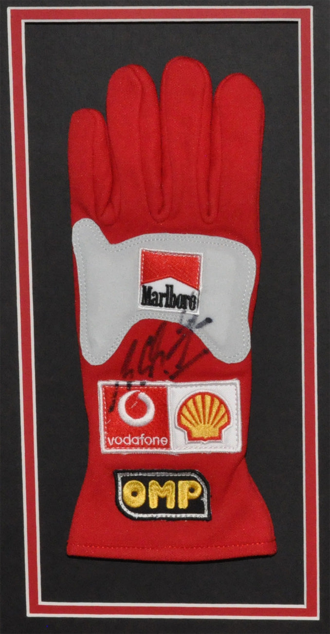 Michael Schumacher Signed 28X20 Inches Ferrari Replica Gloves Pair Photos Montage Frame - SOLD