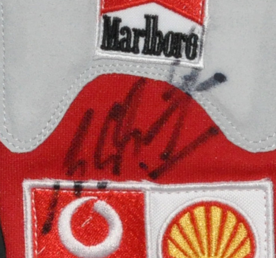 Michael Schumacher Signed 28X20 Inches Ferrari Replica Gloves Pair Photos Montage Frame - SOLD