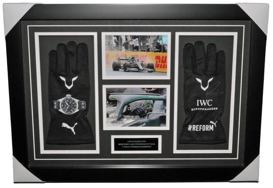 LEWIS HAMILTON Signed Black Mercedes Replica Gloves Pair Photos Montage Frame