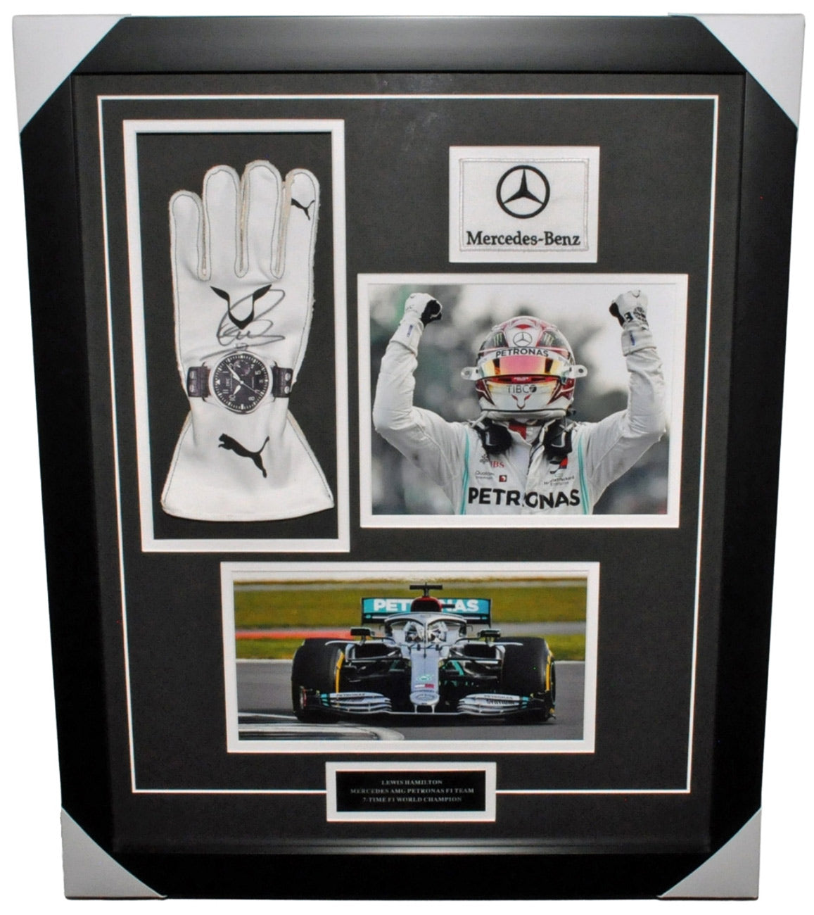 LEWIS HAMILTON Signed White Mercedes Replica Glove Photos Montage Frame