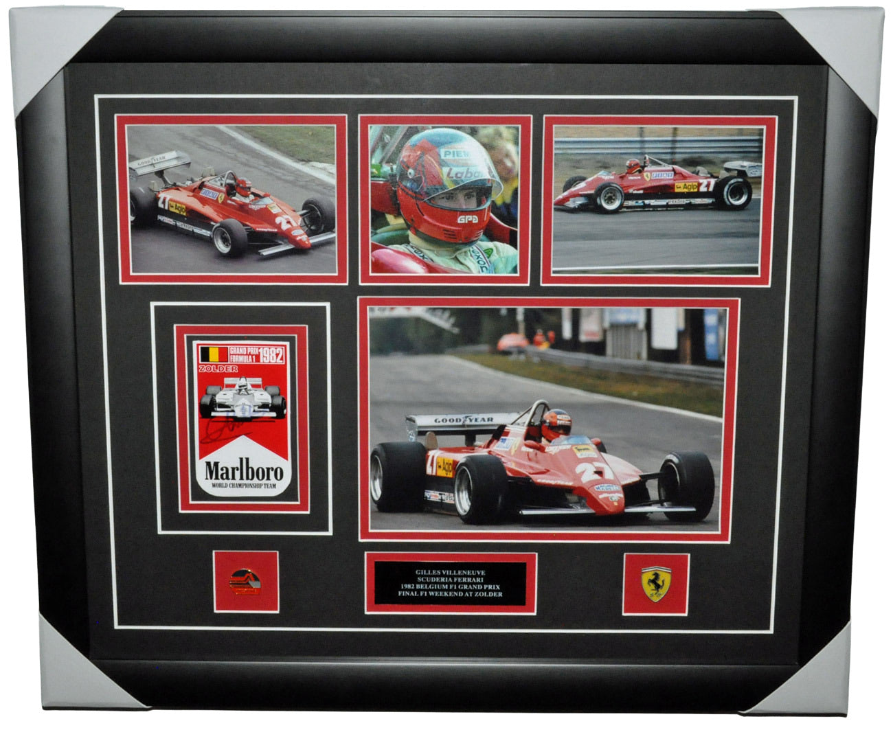 GILLES VILLENEUVE SIGNED FERRARI FINAL RACE AT THE 1982 ZOLDER F1 GRAND PRIX MONTAGE FRAME