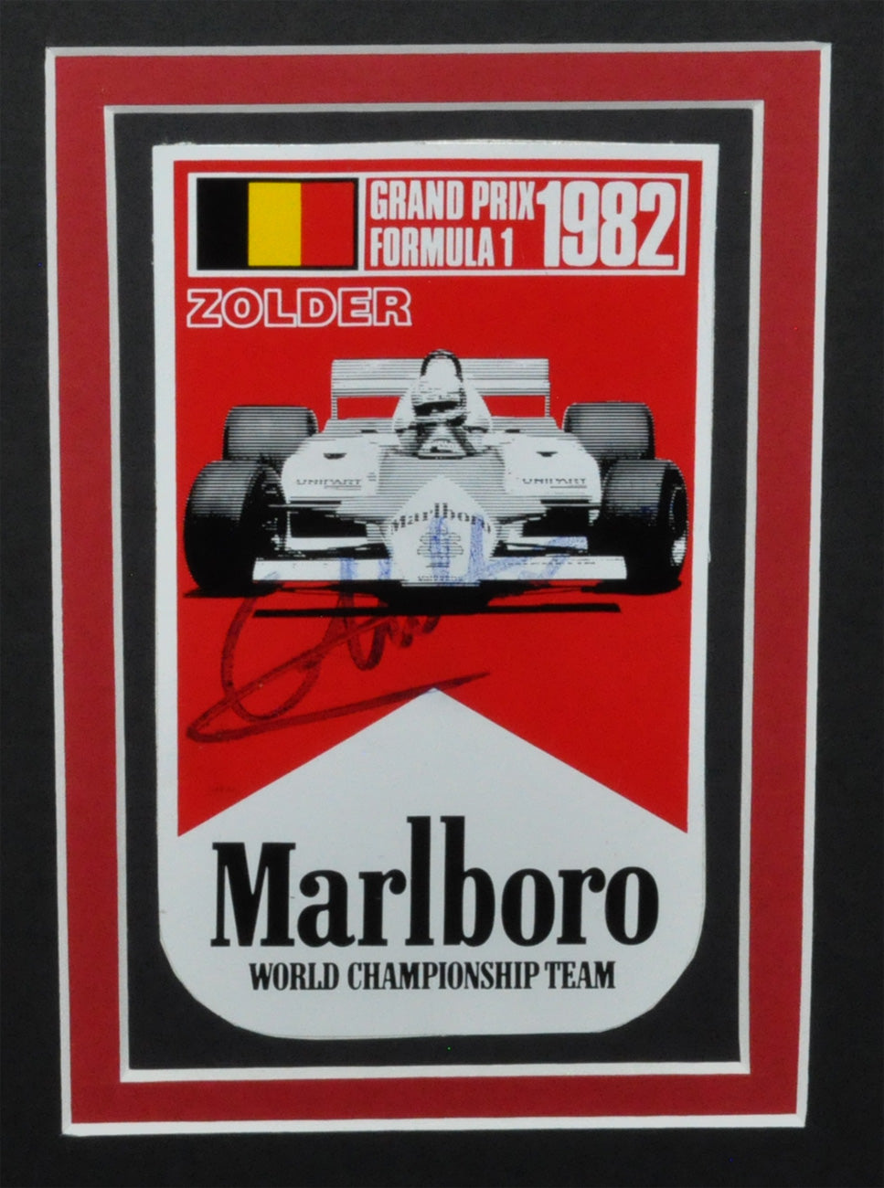 GILLES VILLENEUVE SIGNED FERRARI FINAL RACE AT THE 1982 ZOLDER F1 GRAND PRIX MONTAGE FRAME